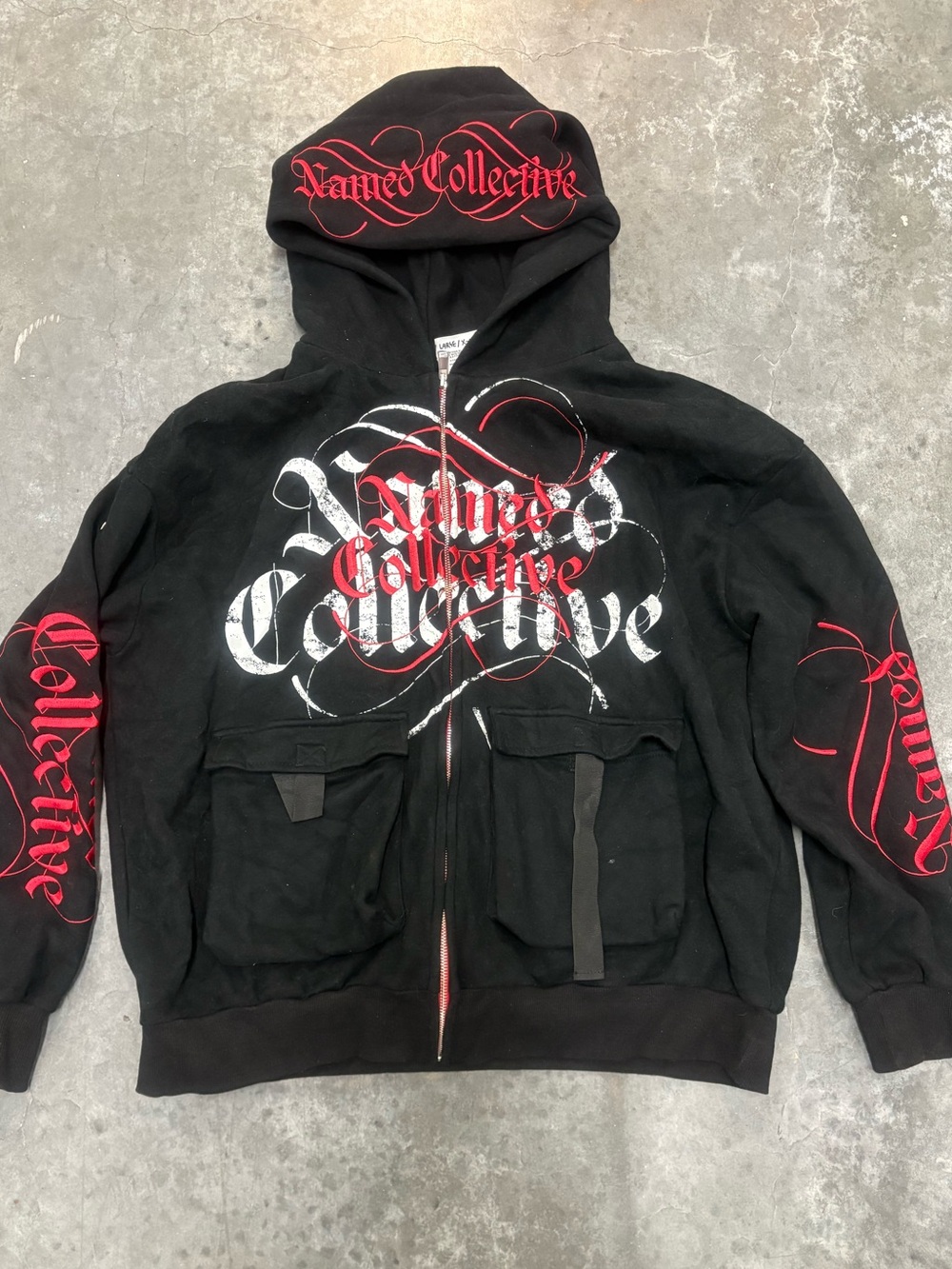 NAMED COLLECTIVE Black/Red Gothic Embroidered Full-Zip Hoodie (L/XL)